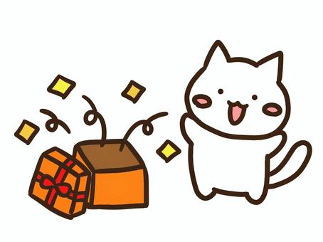 クリスマスプレゼント箱を開けて喜ぶ白ねこ クリスマス,プレゼント,箱,開ける,喜ぶ,驚く,ギフト,当たり,当選,ねこのイラスト素材