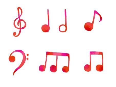 水彩音符まとめ　赤 音楽,音符,音楽記号,手描き,セット,水彩,赤,主線なし,マーク,ト音記号のイラスト素材