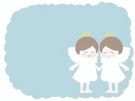 ふたりの天使 天使,双子,2人,笑顔,天使の輪,羽根,手をつなぐ,ワンピース,水色,ファンタジーのイラスト素材