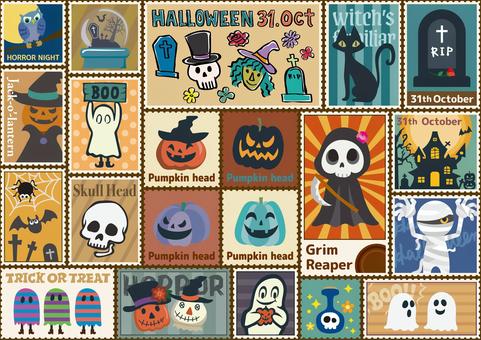 ハロウィン切手柄のパターン背景（A4） ハロウィン,秋,10月,切手風,スタンプ,フクロウ,スノードーム,シルクハット,墓場,墓のイラスト素材