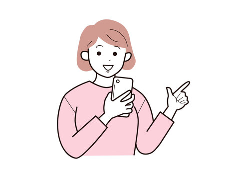スマホと指差しで話す女性2／カラー 上半身,長袖,指差し,スマホ,話す,女性,お母さん,ママ,学生,社会人のイラスト素材