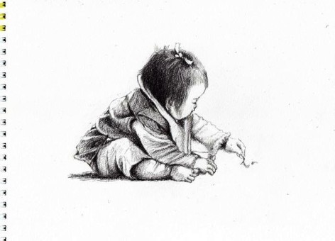 嬰兒坐著的鉛筆劃, JPG 嬰兒坐著的鉛筆劃, 寶寶, 鉛筆画, 手繪, JPG