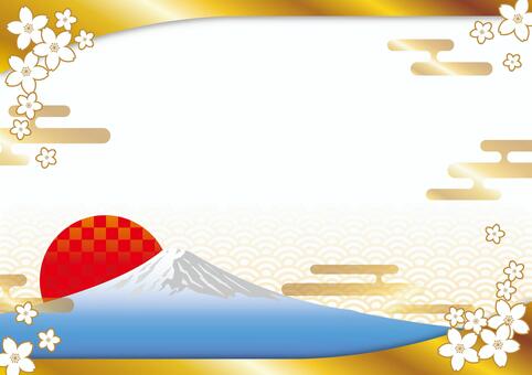 富士山と金色の背景01_26 フレーム,枠,背景,正月,初日の出,富士山,日の出,桜,和風,和柄のイラスト素材