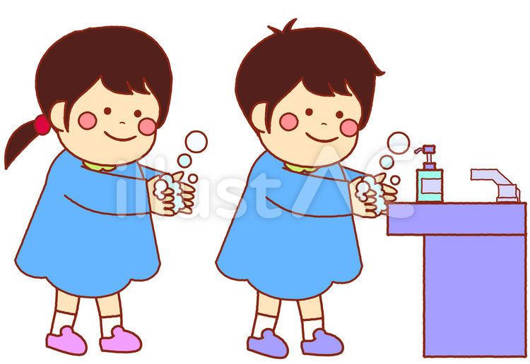 手洗いして予防する二人の幼稚園児 人物,人,子供のイラスト素材