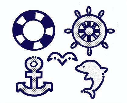 マリン関連いろいろ マリン,うきわ,舵輪,いかり,イカリ,かもめ,イルカ,かわいい,ポップ,ポップアートのイラスト素材