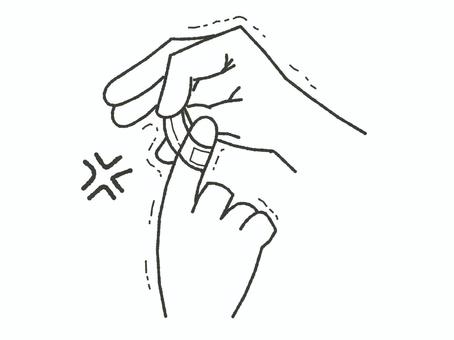 貼りついた絆創膏にイライラする手(白黒) 絆創膏,失敗,イライラ,手,指,震え,貼りつく,くっつく,はがせない,不器用のイラスト素材