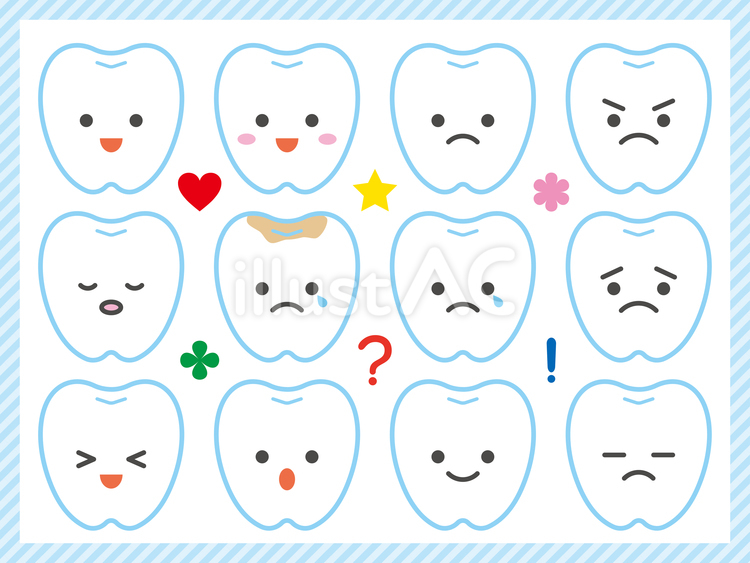 いろんな表情の歯のキャラクター 歯,顔,喜怒哀楽のイラスト素材