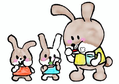 水彩手書き風はみがきするうさぎ 歯磨き,兎,うさぎ,親子,歯,動物,挿絵,広告,掲示物,健康のイラスト素材