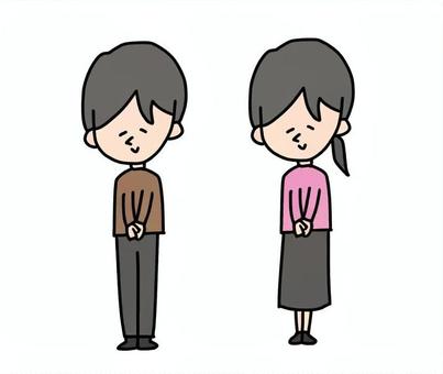 お辞儀をする男性と女性 ゆるかわ,ほんわか,可愛い,優しい,癒し,ちびキャラ,シンプル,sns用,お辞儀,謝罪のイラスト素材