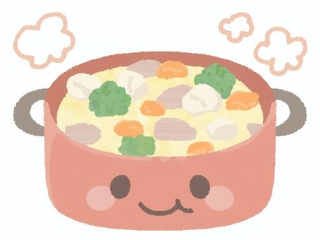 鍋に入ったクリームシチュー（顔あり） シチュー,クリーム,料理,作る,食事,食べ物,具材,人参,ブロッコリー,ジャガイモのイラスト素材