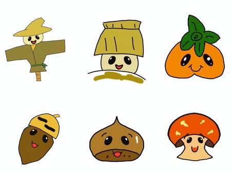 秋の０４ 秋,かかし,案山子,柿,かき,栗,くり,どんぐり,きのこ,キノコのイラスト素材