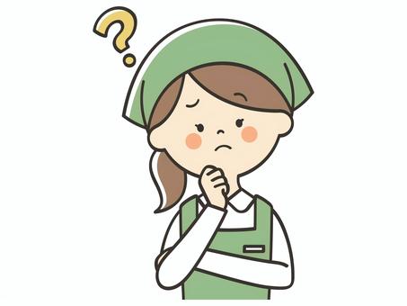 考える女性店員 考える女性店員 考える,困る,不安,悩む,はてな,迷う,わからない,疑問,質問,店員のイラスト素材