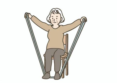 椅子に座ってチューブ運動をする高齢女性 高齢者,シニア,運動,体操,リハビリ,リハビリテーション,訓練,チューブ,エクササイズ,筋トレのイラスト素材