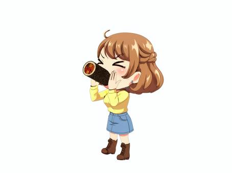 恵方巻の巻き寿司を食べる女性 恵方巻,巻き寿司,春,女性,食べ物,行事,イベントのイラスト素材