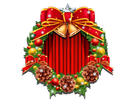 クリスマスリース　01c クリスマスリース,クリスマス,リース,カーテン,リボン,赤,ベル,鈴,鐘,柊のイラスト素材