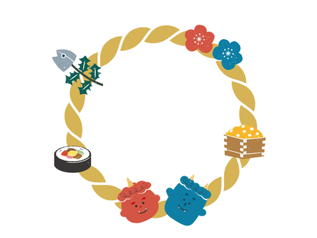 節分のハンコ風しめ縄フレームイラスト