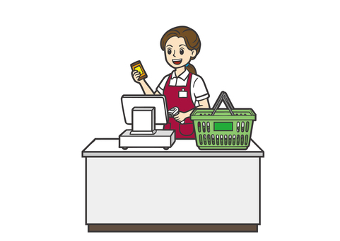 スーパーのレジで働く女性 レジ打ち,レジ,バイト,アルバイト,パート,レジ担当,スタッフ,キャッシャー,接客,業務のイラスト素材
