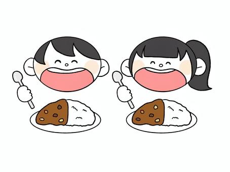 カレーを食べる子どもたち カレー,カレーライス,男の子,女の子,食事,食育,料理,食べ物のイラスト素材