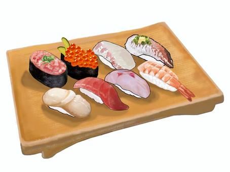 握り寿司盛り合わせ（寿司下駄5） 寿司,和食,江戸前,食べ物,握り寿司,握り,軍艦巻き,いくら,ネギトロ,ホタテのイラスト素材