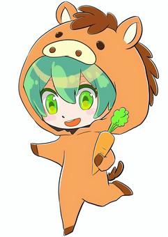 馬 着ぐるみ,萌え系,ポストカード,アイコン,馬,人参のイラスト素材