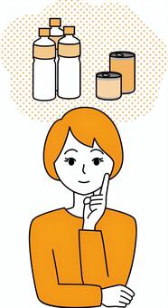 頬に手を添えて防災備品を考える笑顔の女性 防災,女性,水,缶詰,食品,持つ,備蓄,主婦,準備,笑顔のイラスト素材