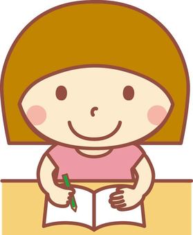 机で勉強する女の子 勉強,ノート,鉛筆,子供,女の子,人物,上半身,学習,自習,試験のイラスト素材