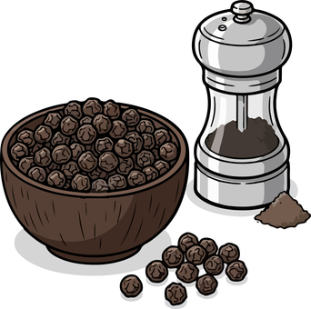 ブラックペッパー 胡椒,コショウ,コショー,ミル,ペッパーミル,調味料,胡椒挽き,黒コショウ,黒胡椒,黒こしょうのイラスト素材