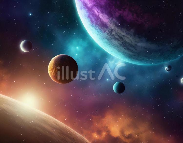 カラフルな惑星が浮かぶ宇宙空間5イラスト - No: 25133221｜無料