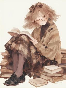 本に囲まれて読書する女性