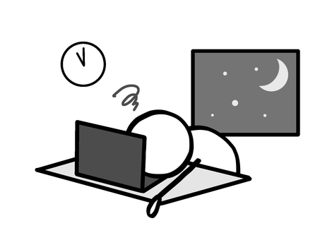 モノクロ棒人間　遅くまで徹夜 棒人間,人,モノクロ,白黒,モノトーン,徹夜,働く,過労,ワークライフバランス,ブラック企業のイラスト素材