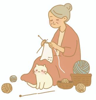 おばあちゃんのまったり編み物 おばあさん,人物,女性,白髪,お年寄り,シニア,レトロ,編み物,縫い物,裁縫のイラスト素材