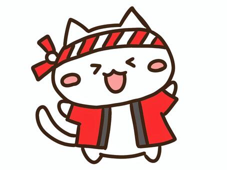 はっぴとはちまきをしてお祭りを楽しむ白猫 はっぴ,はちまき,ねこ,お祭り,縁日,夏祭り,赤,イベント,行事,かわいいのイラスト素材
