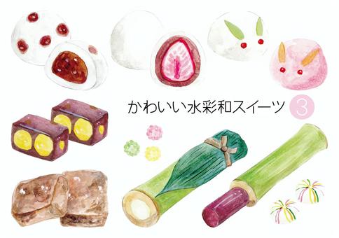 かわいい水彩和スイーツ-No3 和菓子,スイーツ,菓子,大福,豆大福,いちご大福,うさぎ大福,餡,粒あん,こしあんのイラスト素材