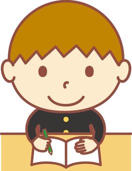 A boy in a school uniform studying at a desk, A boy in a school uniform studying at a desk, middle school students, high school student, student,