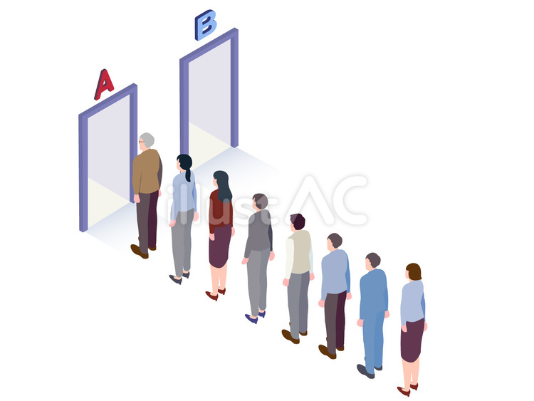 Aの入り口に並ぶ会社員たちのアイソメ 並ぶ,行列,人物のイラスト素材