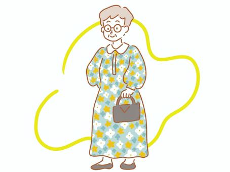 おしゃれなおばあちゃん おしゃれ,ファッション,おばあちゃん,高齢者,グレーヘア,ショートカット,シンプル,かわいい,手描き,ワンピースのイラスト素材