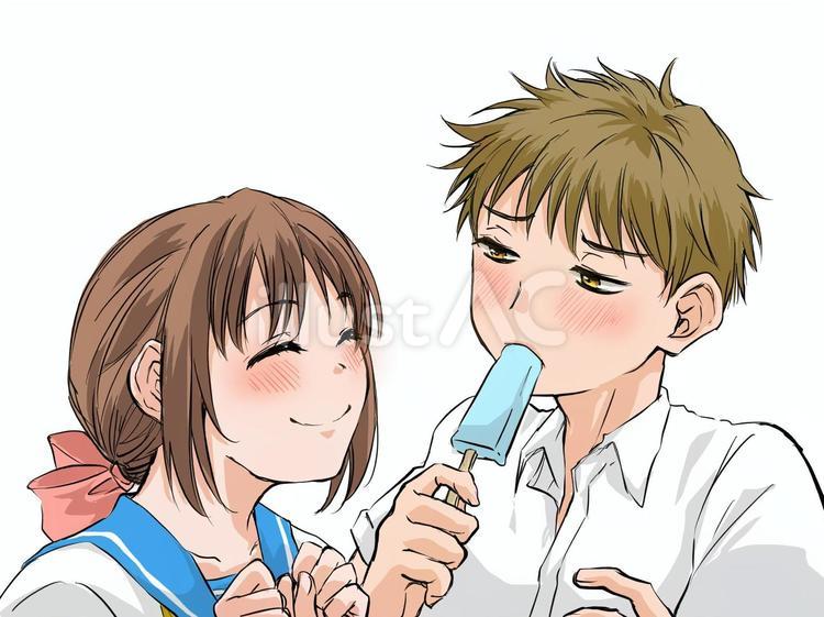 満足な彼女とからかわれた彼氏 夏,アイス,高校生のイラスト素材