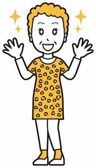  大阪のおばちゃん(黄)-054-全身 嬉しい,おばちゃん,大阪,ヒョウ柄,おばはん,中年,女性,関西,派手,おばさんのイラスト素材