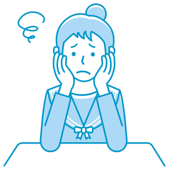 頬杖をついて悩む若い女子学生 イラスト 頬杖,女性,考える,女子高生,悩む,学生,上半身,人物,日本人,困るのイラスト素材