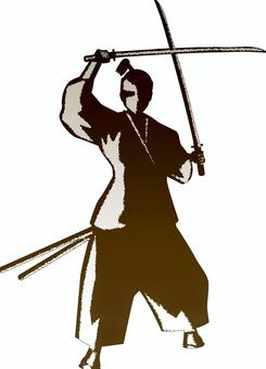 　二刀流　 侍,武士,刀,二刀流,着物,シルエット,コントラスト,昔,男,戦国のイラスト素材