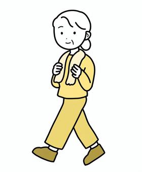 シンプルウォーキング女性（y） シンプル,ウォーキング,人,女,歩く,運動,おばあちゃん,マダム,タオル,健康のイラスト素材