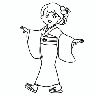 （ぬりえ）着物を着て嬉しそうに歩く女の子 ぬりえ,振袖,大和撫子,着物,和服,晴れ着,晴れ姿,女性,和装,正月のイラスト素材