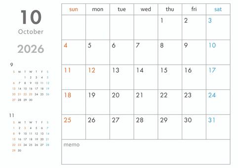 2026年10月カレンダー-横 カレンダー,2026年,2026,1か月,3か月,令和8年,暦,日曜始まり,祝祭日,祝日のイラスト素材