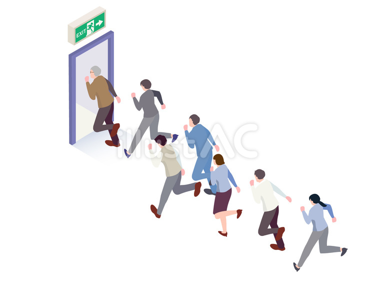 非常口に入っていく男女会社員のアイソメ 非常口,逃げる,避難のイラスト素材
