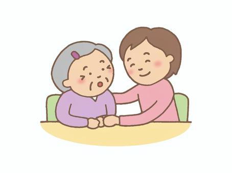 おばあちゃんの話を聞きながら寄り添う女性 おばあちゃんの話を聞きながら寄り添う女性 おばあさん,女性,傾聴,話す,聞く,さする,椅子,手を添える,笑顔,やさしいのイラスト素材