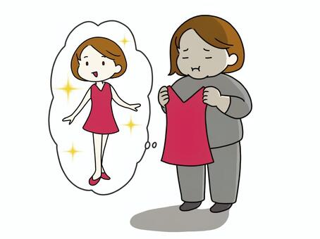 痩せていた頃の服を手に落ち込む人 ワンピース,赤色,女性,女の人,若い,スタイル,変化,太った,落ち込む,悲しいのイラスト素材