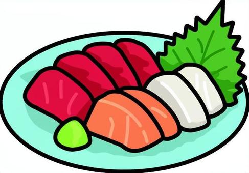 青の皿の刺身盛り合わせです。 刺身,盛り合わせ,皿,シンプル,マグロ,サーモン,ホタテ,ワサビ,大葉,魚介類のイラスト素材
