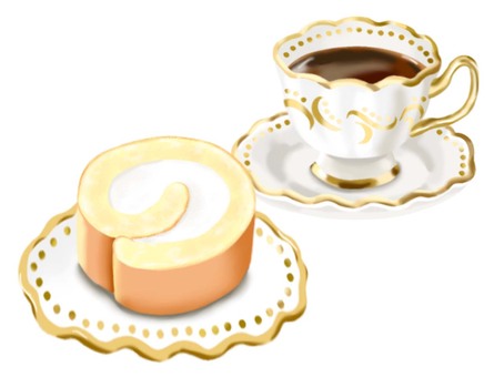 ロールケーキとおしゃれなカップのコーヒー ロールケーキ,洋生菓子,食べ物,コーヒー,飲み物,クリーム,喫茶,カフェ,おやつ,甘いのイラスト素材