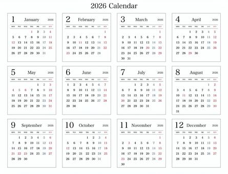 2026年 年間カレンダー 月曜始まり 2026年 年間カレンダー 月曜始まり カレンダー,2026年カレンダー,年間,2026,おしゃれ,シンプル,マンスリー,月曜始まり,スケジュール,月間のイラスト素材