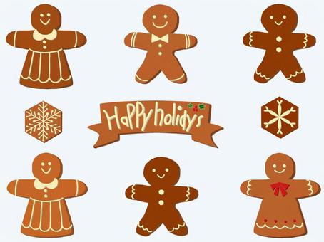 クリスマスのジンジャｰマンクッキーセット クリスマス,モチーフ,クッキー,ジンジャーマンクッキー,雪,雪柄,イラスト,手描き,冬,12月のイラスト素材